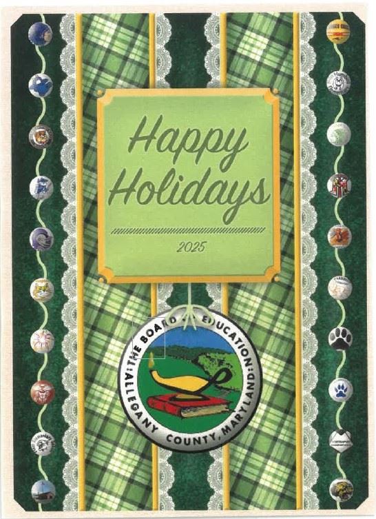 Illustration with decorative patterns, school logos, and "Happy Holidays 2025' written.