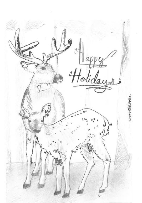 Illustration of two deer and 'Happy Holidays' written.