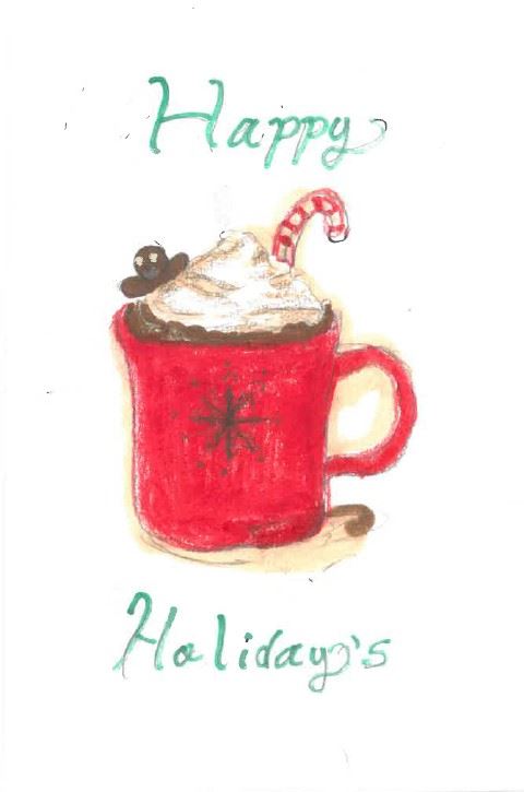 Illustration of a mug of hot chocolate with whipped cream, candy cane, and a gingerbread man in between 'Happy Holidays' writ